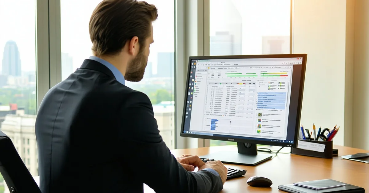 Law firm partner reviewing matter intake pipeline on a desktop screen in a professional DC office setting