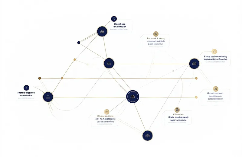 Docketwright conflict screening workflow showing client relationship network and automated flag routing to responsible partner